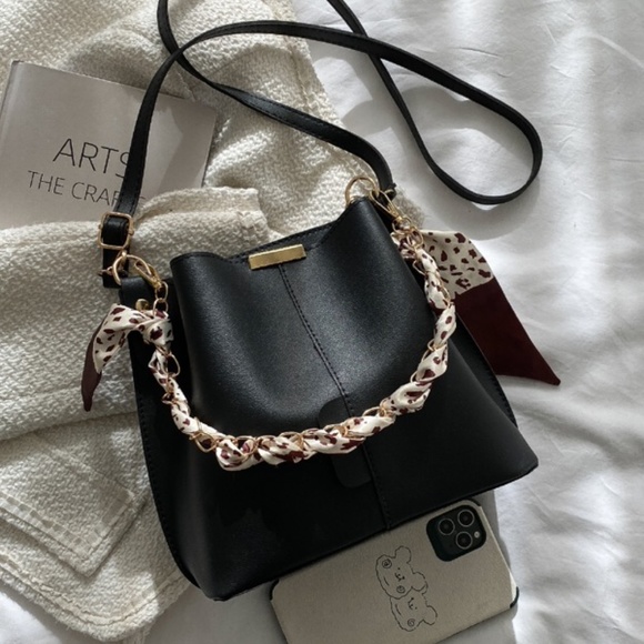 Boho Black Vegan Leather Scarf Detail Crossbody Bag - Picture 2 of 6